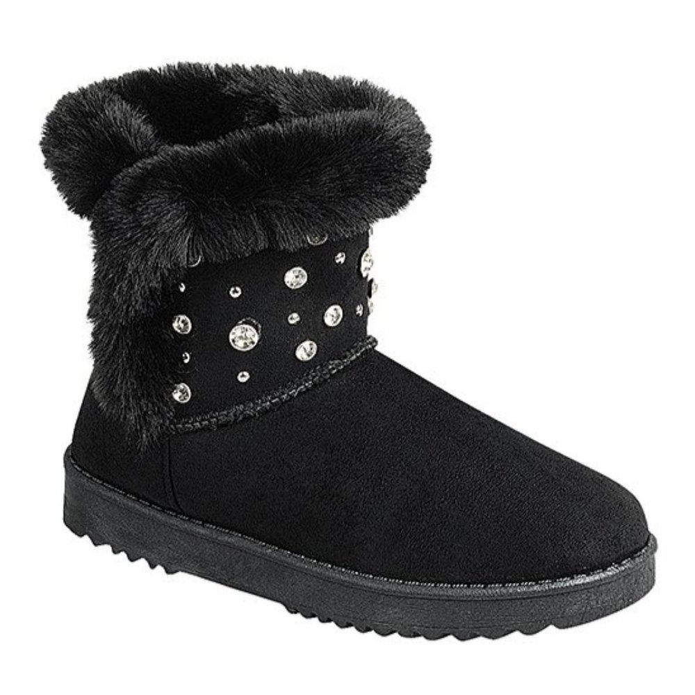 Black Rhinestone-Accented "Eugene" Faux Fur Ankle Boot - Size 6.5